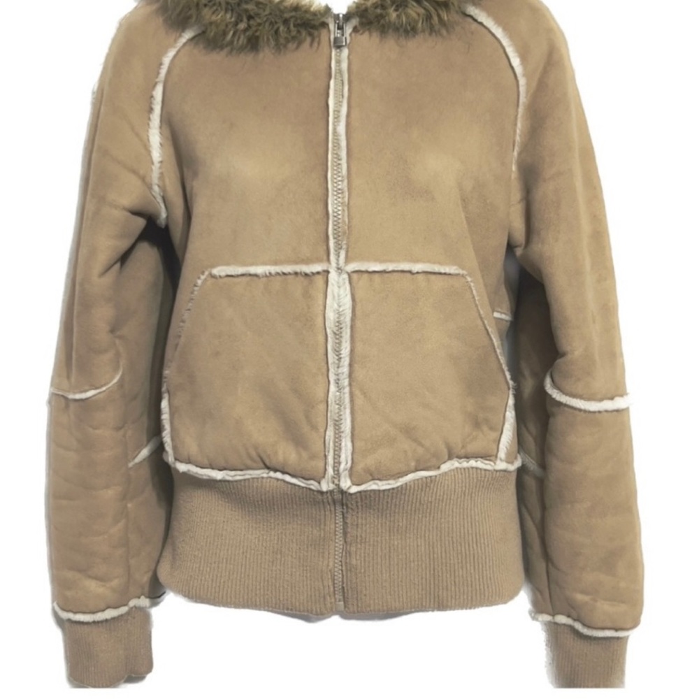 Seventy seven 77 vintage small medium faux suede shearling hooded bomber jacket - Picture 1 of 5